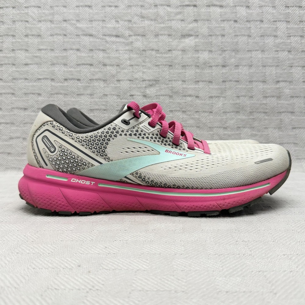 Brooks Ghost 14 Gray Pink Yucca Shoes Womens Size 9.5 White Pink Running‎